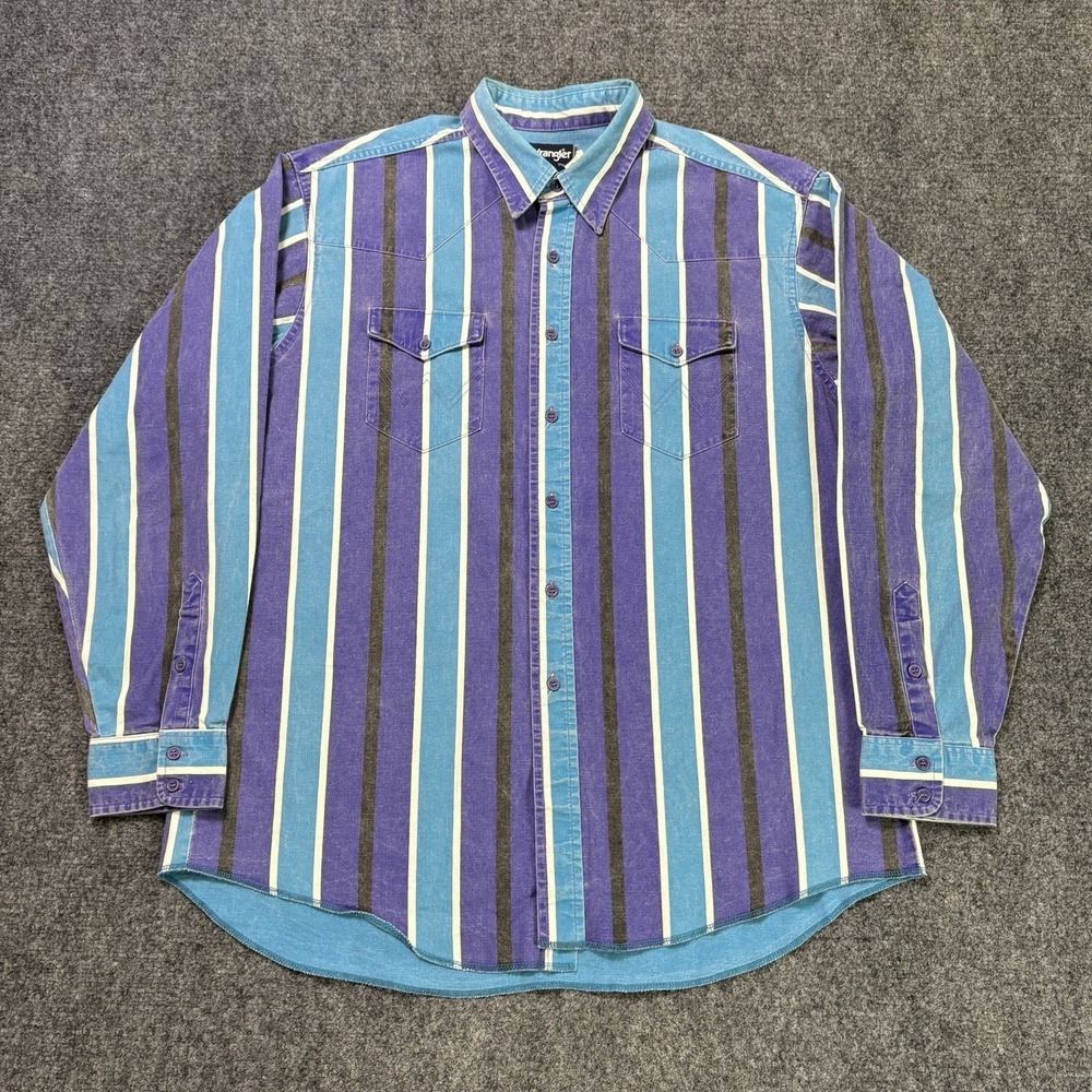 Vintage Wrangler Brushpopper Shirt Mens 17.5-35 Purple Blue Striped Rodeo Cowboy
